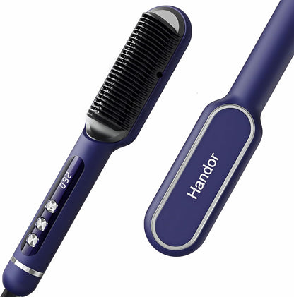 Cepillo alisador de cabello iónico mejorado, peine alisador para mujeres con 9 ajustes de temperatura, pantalla LED, calentamiento rápido (250°F-410°F), doble voltaje, azul