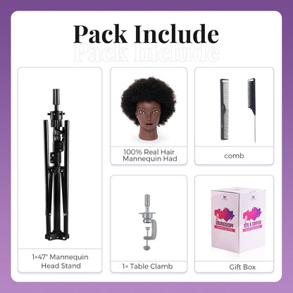 Cabeza de maniquí 100% africana, 4C afro rizado cosmetología manica...