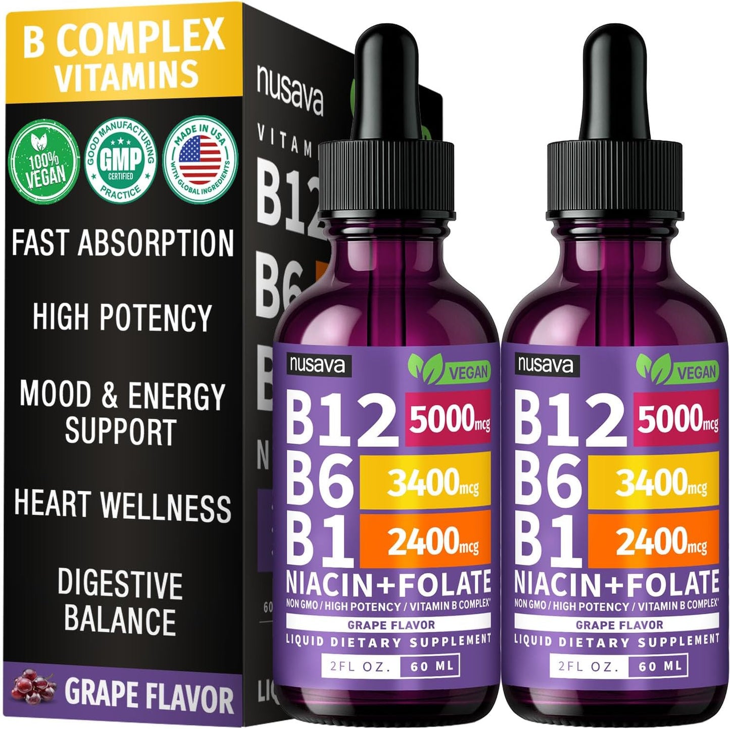 (Paquete de 2) Gotas líquidas de vitamina B12 y B6, complejo de vit...