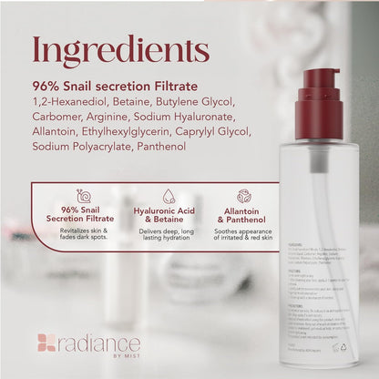 Radiance Snail Mucin Serum con caracol avanzado 96% esencia de poder de mucina, cuidado de la piel coreano con suero coreano hidratante de ácido hialaurónico, 3.38 fl oz, 3.4 fl oz