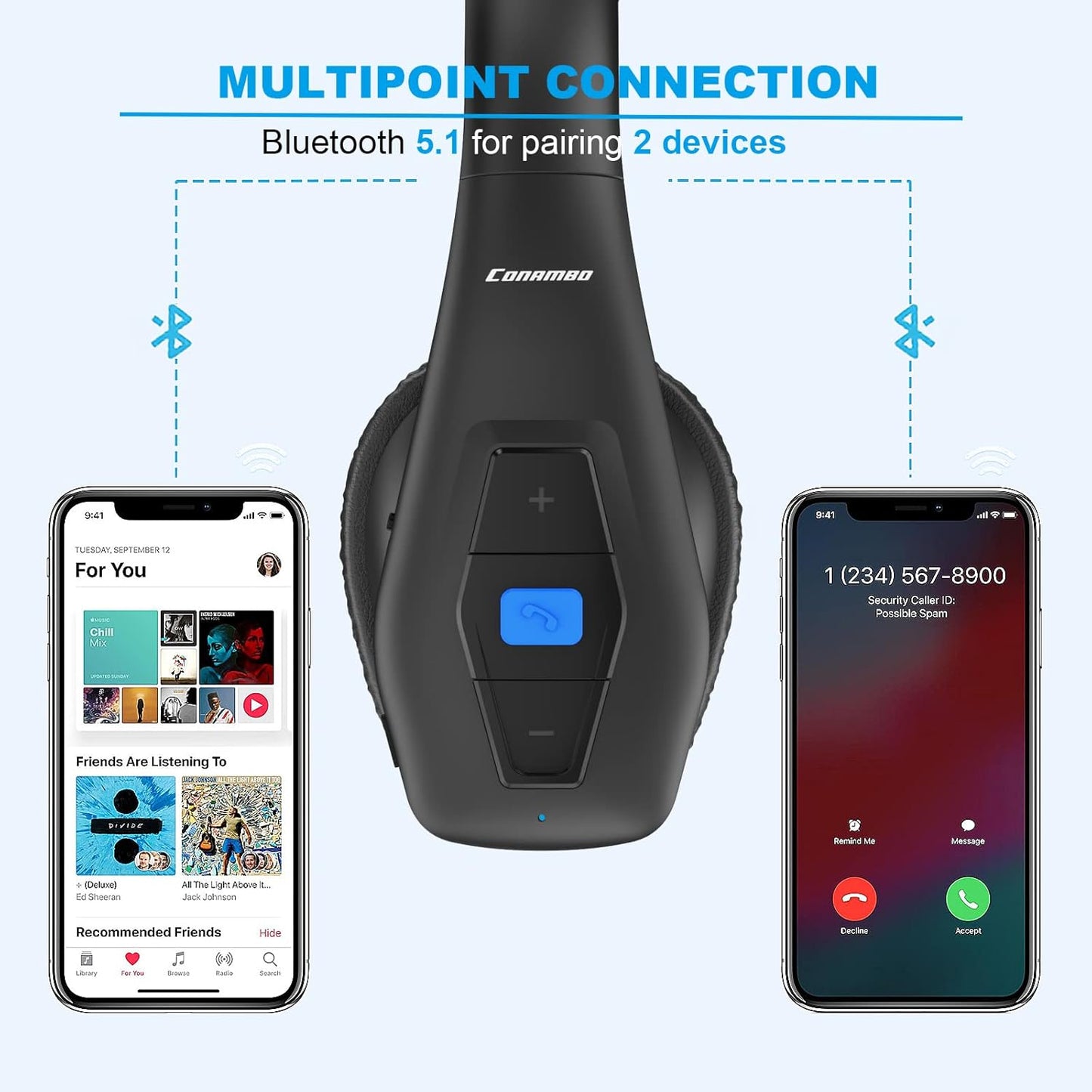 Conambo Auriculares Bluetooth con cancelación de ruido V5.1, 35 horas de tiempo de conversación HD, CVC8.0, micrófono dual manos libres, auriculares inalámbricos, auriculares Bluetooth con botón de
