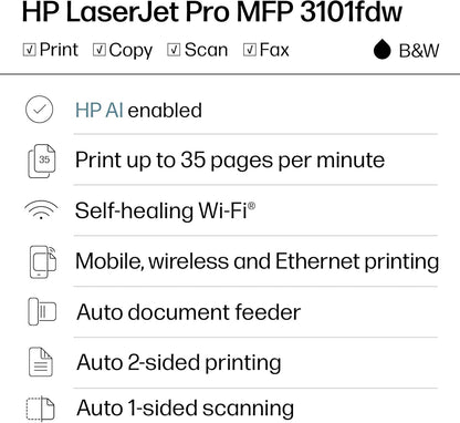 HP LaserJet Pro MFP 3101fdw Impresora láser inalámbrica en blanco y negro todo en uno, escáner, fotocopiadora, fax, ideal para la oficina (3G628F)
