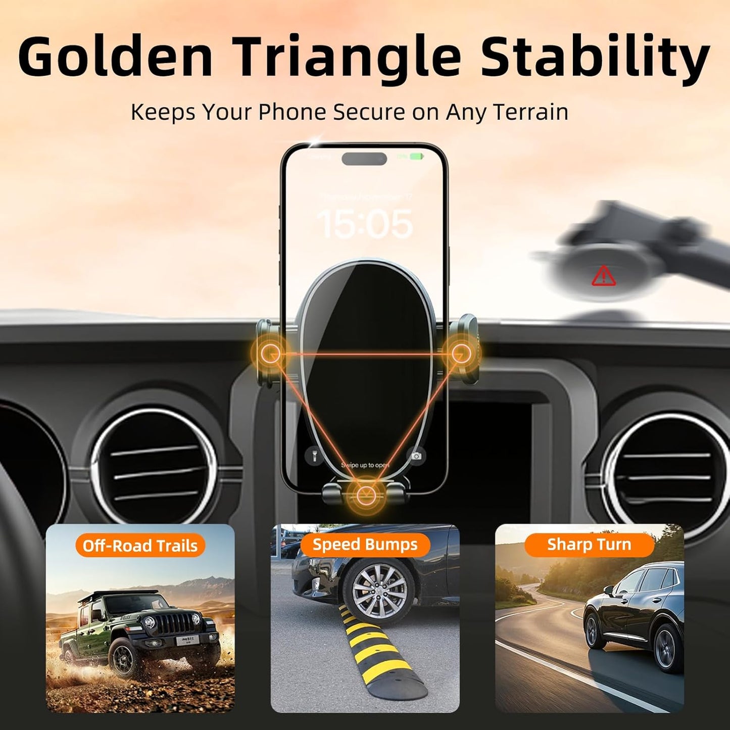 Soporte de teléfono para Jeep Wrangler / Gladiator 2018-2023, soporte de teléfono de automóvil para tablero de instrumentos - giratorio de 360° y ajustable - Soporte de teléfono celular manos libres
