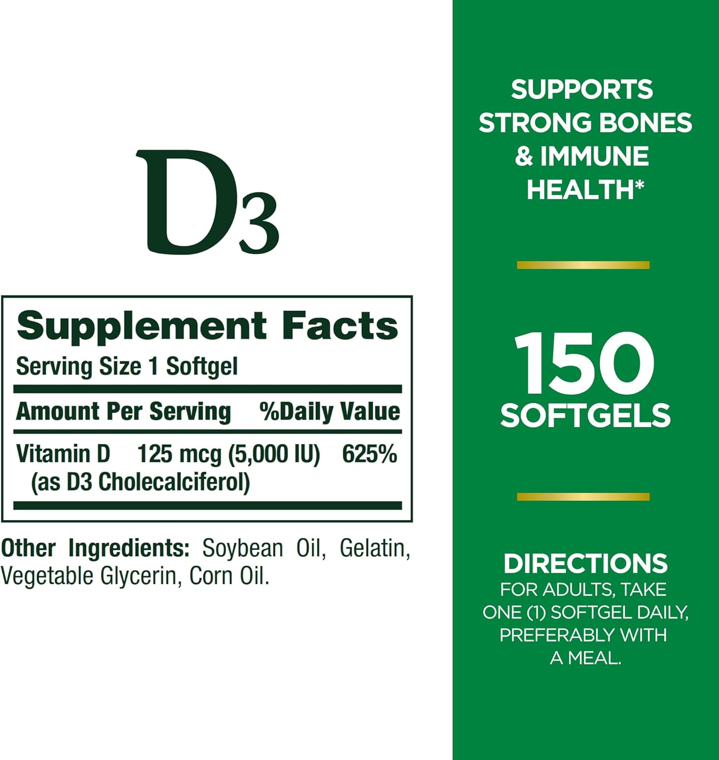 Nature's Bounty Vitamina D3, apoyo inmunológico y óseo, 5000IU,...