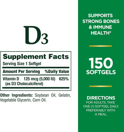 Nature's Bounty Vitamina D3, apoyo inmunológico y óseo, 5000IU,...