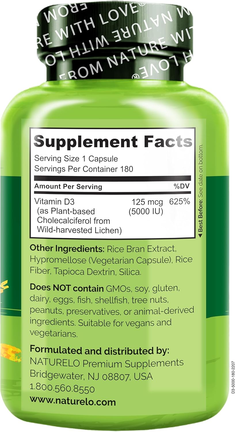 NATURELO Vitamina D - 5000 UI - Basada en plantas de liquen - Suple...