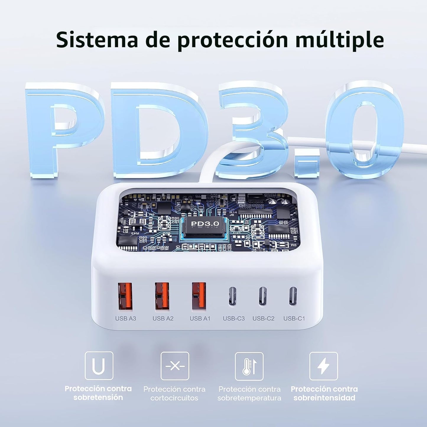 Cargador rápido USB C, bloque de estación de carga de 100W GaN de 6...