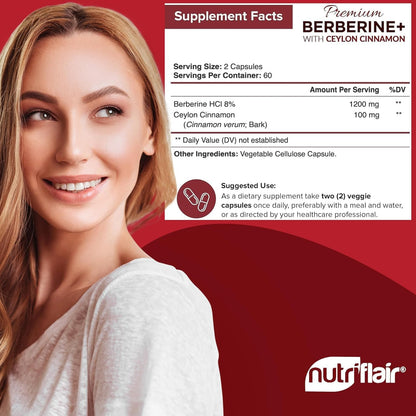 NutriFlair Berberina HCL Premium 1200mg, 120 Cápsulas - Más Canela...