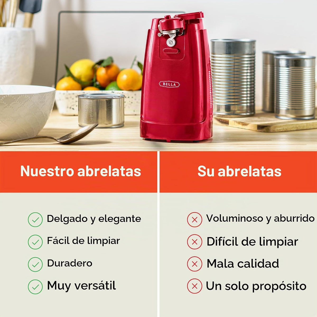 bella Abrelatas eléctrico y afilador de cuchillos, palanca de corte...