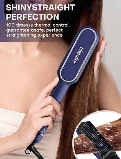 Cepillo alisador de cabello iónico mejorado, peine alisador para mujeres con 9 ajustes de temperatura, pantalla LED, calentamiento rápido (250°F-410°F), doble voltaje, azul