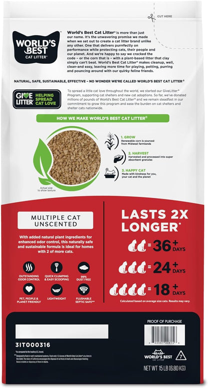 WORLD'S BEST CAT LITTER Múltiples gatos sin perfume, 15 libras,...
