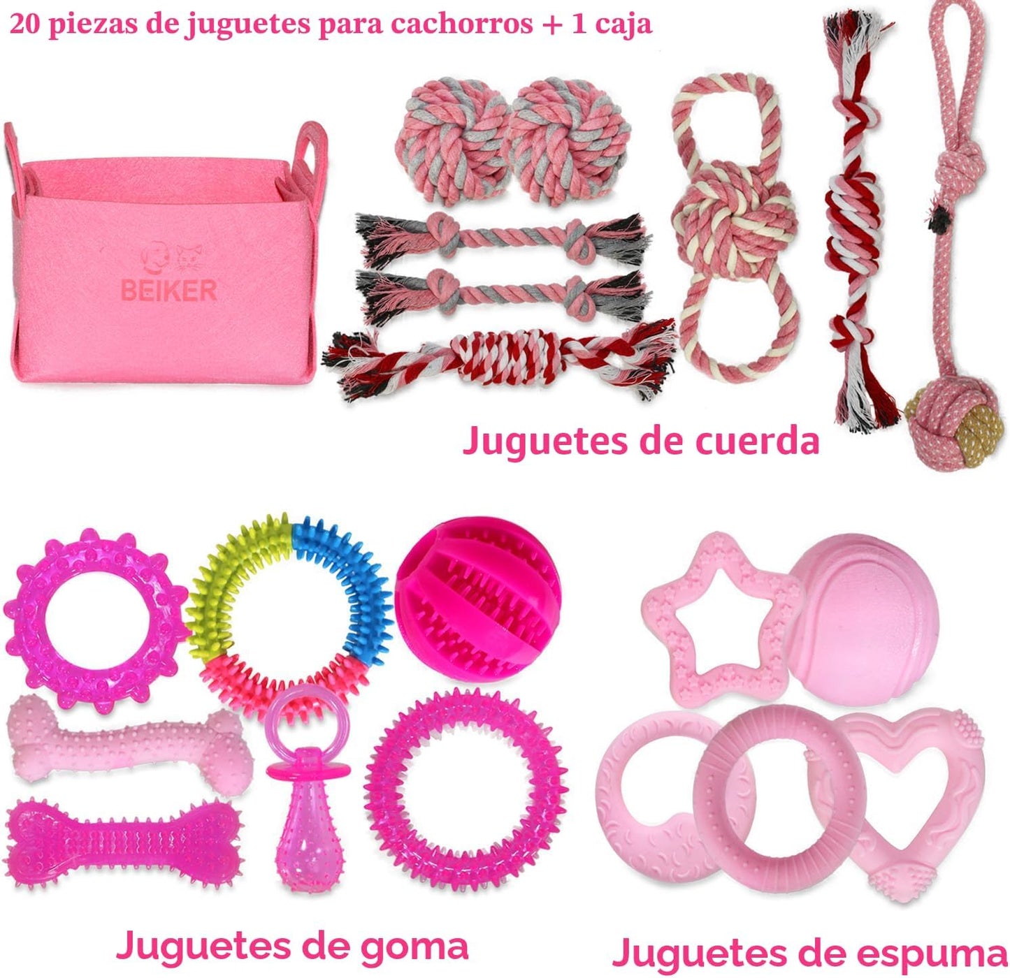 Beiker Paquete de 20 juguetes masticables rosados para cachorros, j...