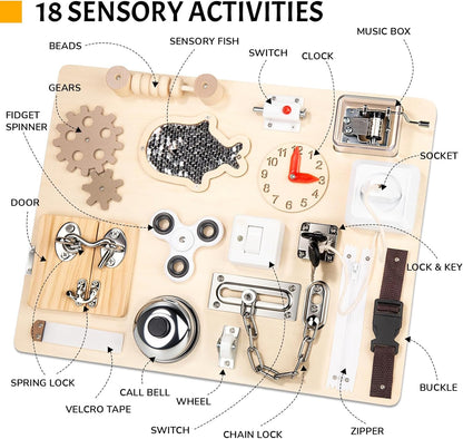Montessori - Tabla de actividades para niños pequeños de 1, 2, 3, 4 años, juguetes sensoriales de madera, actividades de aprendizaje preescolar para habilidades motoras finas, juguete de viaje
