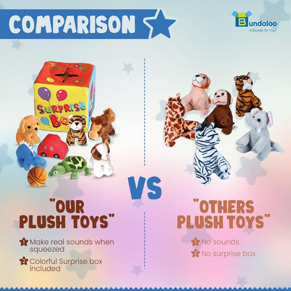 Bundaloo Caja misteriosa sorpresa con 8 juguetes de peluche de alta calidad, juego sensorial suave con sonidos de prensa para escuchar, varios peluches, animales de peluche, vehículos, pelotas para