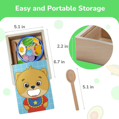 Bimi Boo Juguetes de alimentación de madera - Juguetes Montessori de cuchara para niños pequeños de 1 a 4 años - Juego de alimentos de simulación de habilidades motoras finas para niños (27 alimentos
