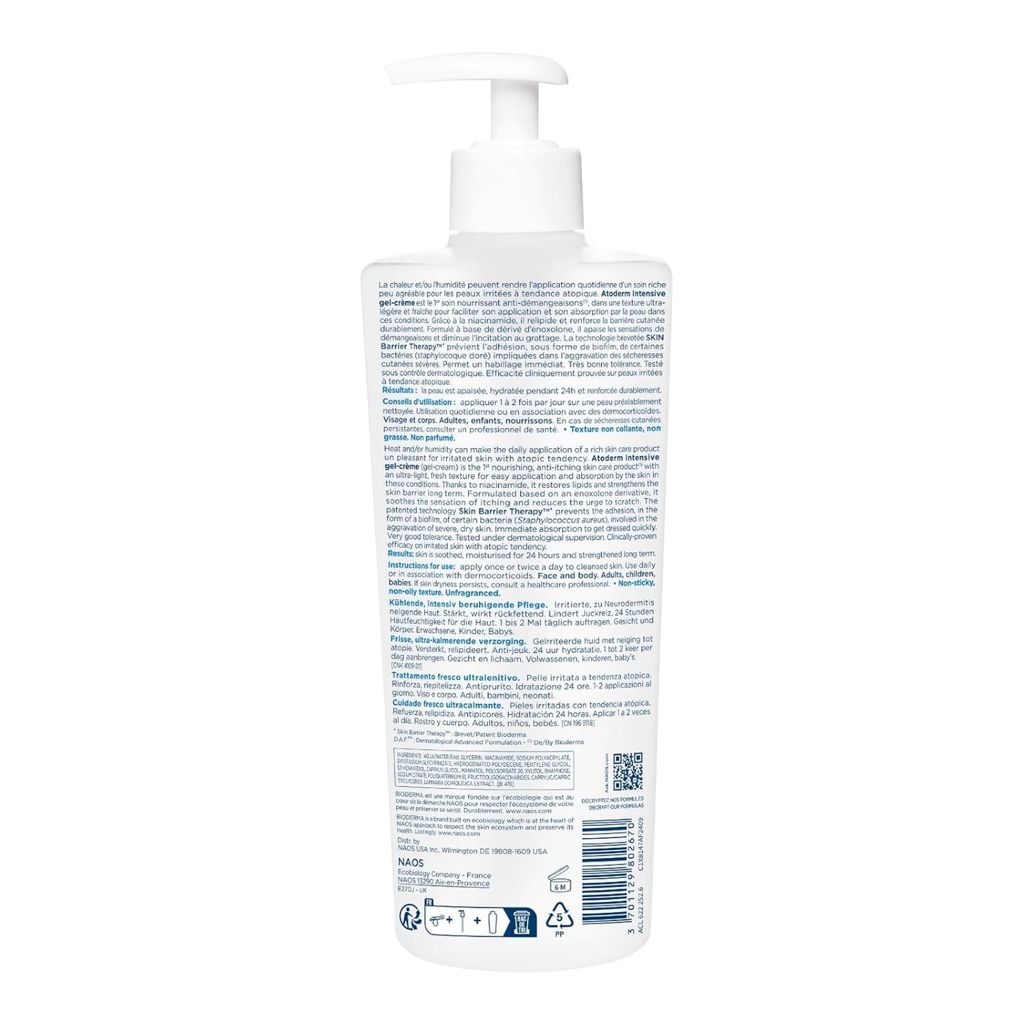 Bioderma Atoderm - Crema de gel intensivo, hidratante corporal calmante para pieles sensibles secas a atópicas, hidratación 24 horas, 16.9 onzas líquidas