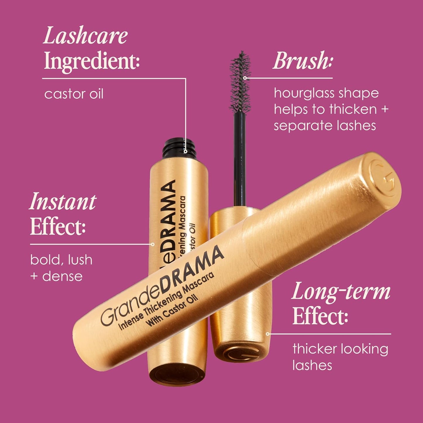 Grande Cosmetics GrandeDRAMA - Máscara de engrosamiento intenso con aceite de ricino, voluminizante, acondicionado, fórmula construible