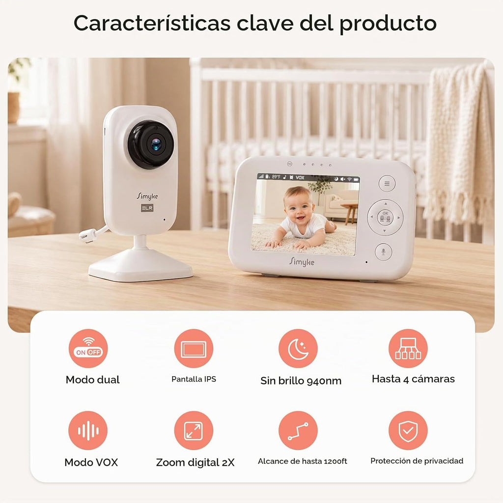 Simyke Monitor de bebé de video WiFi 720P, interruptor de encendido...