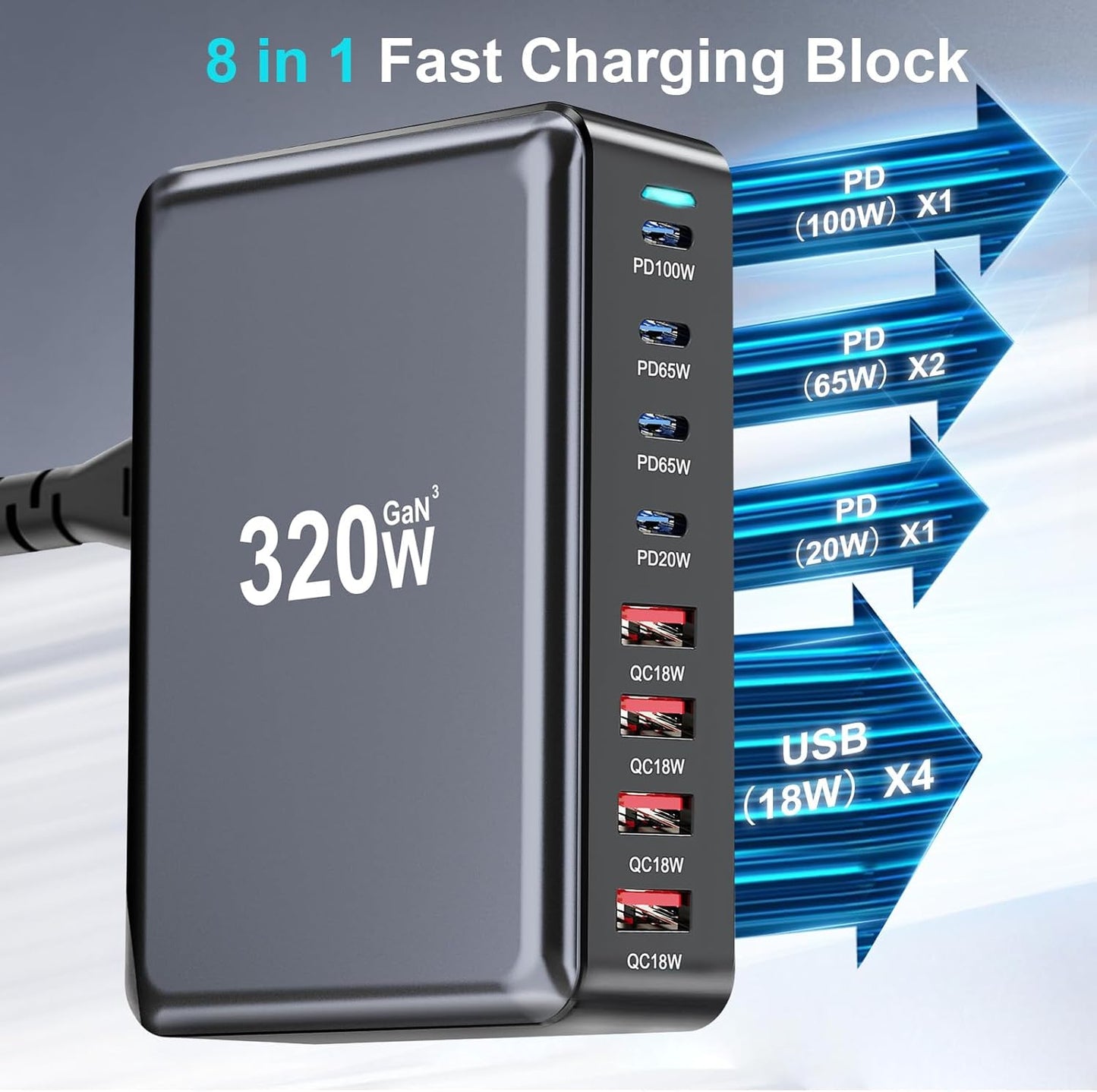 320W USB C Cargador Rápido de Bloque, Estación de Carga USB de 8 Pu...