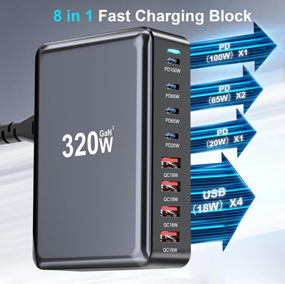 320W USB C Cargador Rápido de Bloque, Estación de Carga USB de 8 Pu...