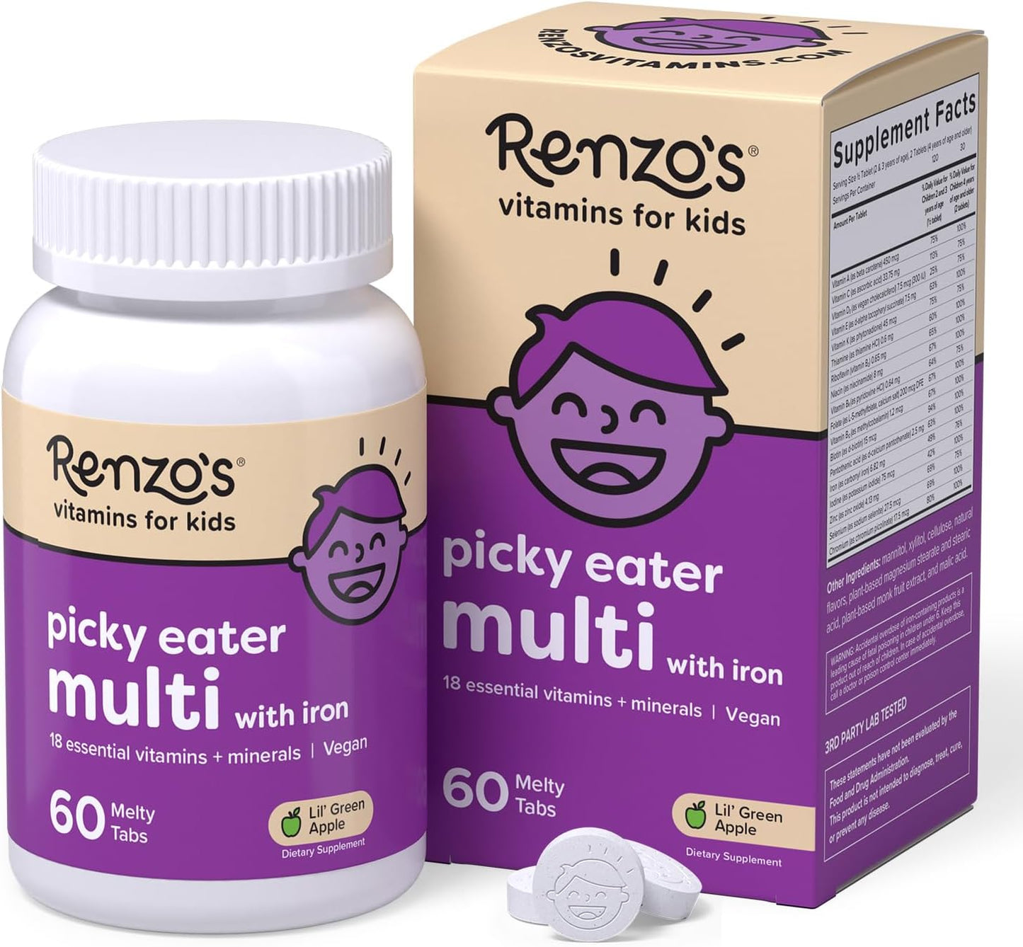 Renzo's Picky Eater Kids Multivitamin con hierro, vitaminas sol...