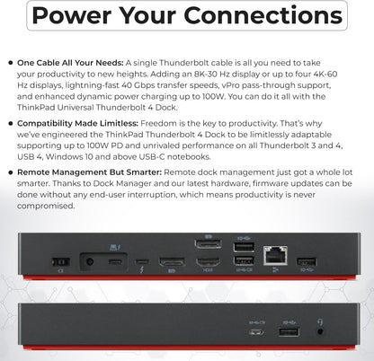 40B00135US Lenovo Thinkpad Docking Station USB C - 1 año de garantía, compatible con pantalla 4K, Thunderbolt 4 Dock con adaptador de 135W, HDMI, DisplayPort, cables Thunderbolt y paño - Estación de