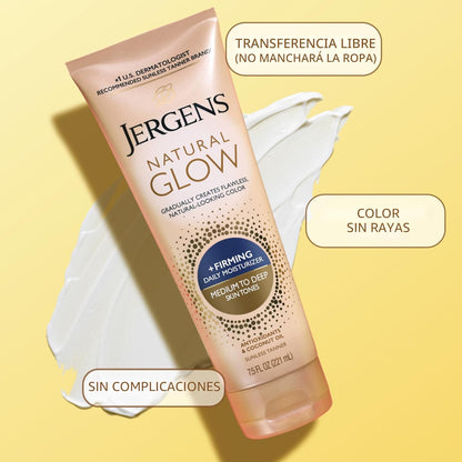 Jergens Glow natural + reafirmante, Tanner, Tanner sin sol para ton...