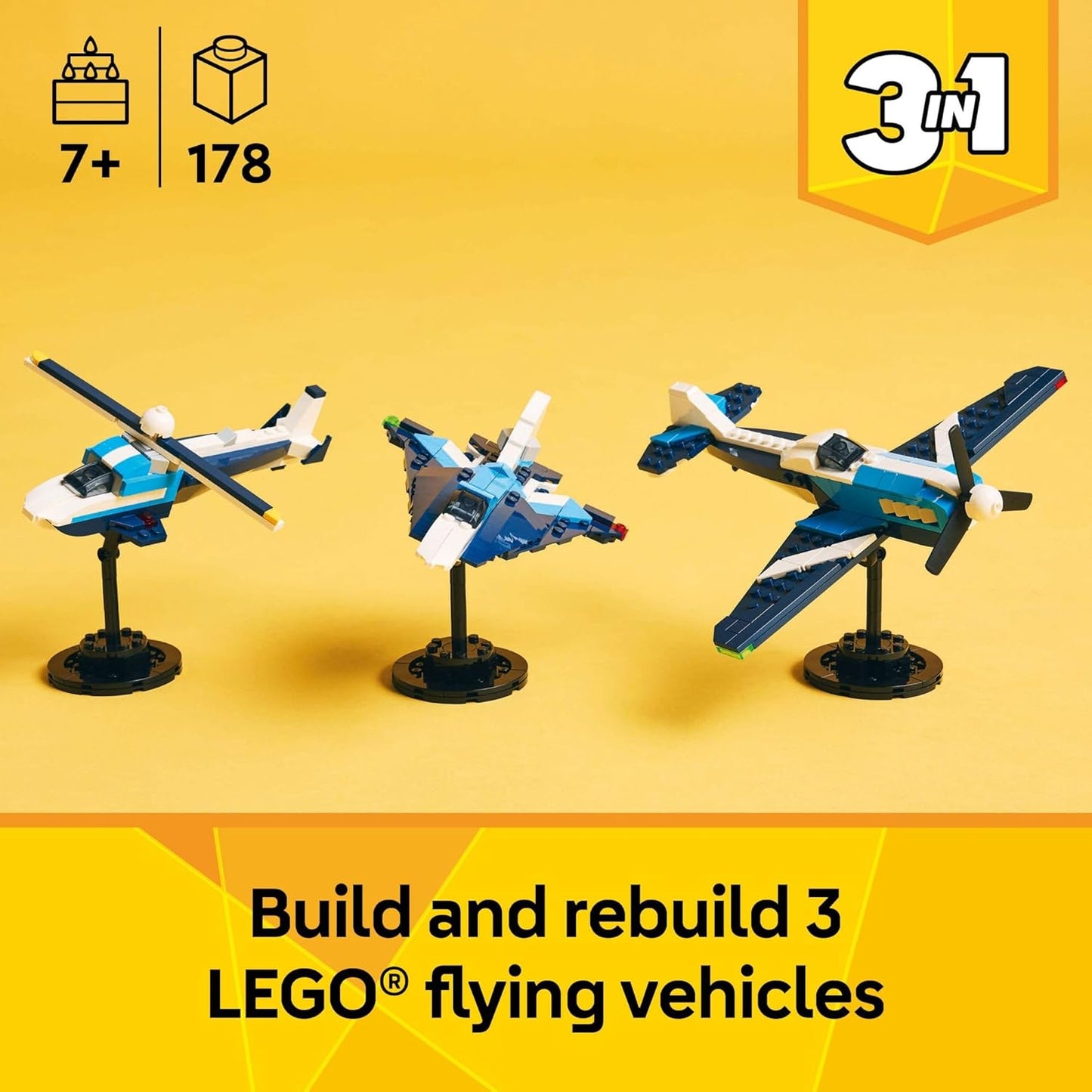 LEGO Creator 3 en 1 Avión de Carrera de Aviones Juguete - Juguete de Construcción con 3 Opciones de Construcción, Avión, Avión de Caza o Helicóptero - Idea de Regalo para Niños, Niños y Niñas, Edades