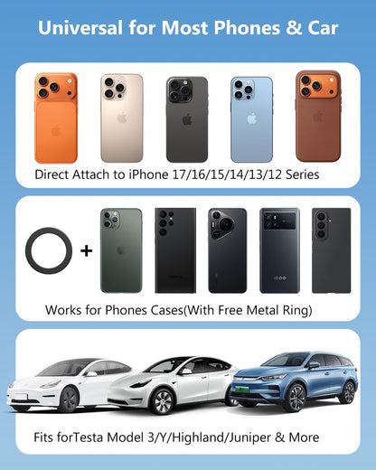 Cargador de soporte para teléfono Tesla: soporte inalámbrico de 15 W para Tesla Model 3/Y Accesorios 【 Imán N52 más fuerte + ajustable en 360° + diseño plegable? Soporte de coche para iPhone