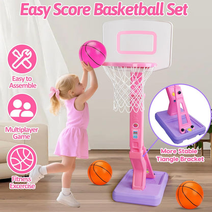 Aro de baloncesto para niños pequeños rosa para interiores y exteriores, edad 1-3 años, aro de baloncesto ajustable para niños con 3 pelotas, portería de baloncesto para niñas, juguetes