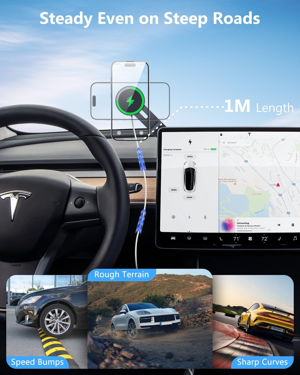 Cargador de soporte para teléfono Tesla: soporte inalámbrico de 15 W para Tesla Model 3/Y Accesorios 【 Imán N52 más fuerte + ajustable en 360° + diseño plegable? Soporte de coche para iPhone