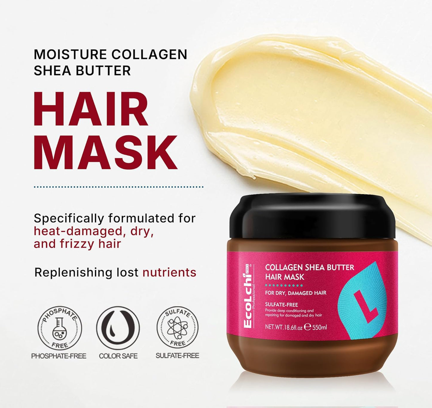 Mascarilla de colágeno de manteca de karité para el cabello, reparación profunda, colágeno, manteca de karité, tratamiento capilar para cabello seco y dañado, todo tipo de cabello, 18.6 oz 18.6 fl oz | Sin sulfato
