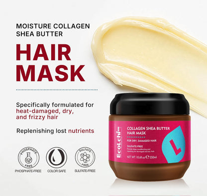 Mascarilla de colágeno de manteca de karité para el cabello, reparación profunda, colágeno, manteca de karité, tratamiento capilar para cabello seco y dañado, todo tipo de cabello, 18.6 oz 18.6 fl oz | Sin sulfato