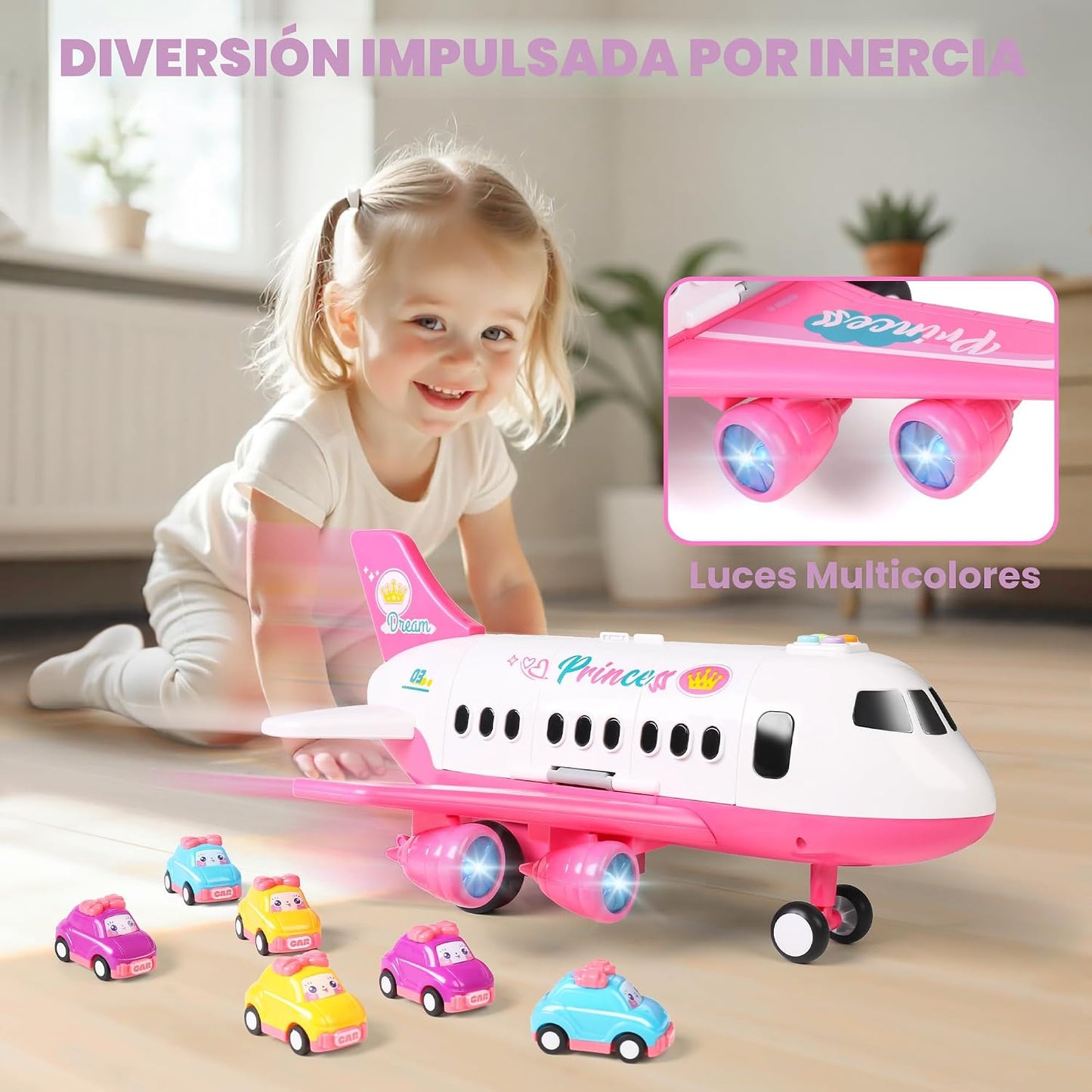 Dwi Dowellin Juguete de avión rosa con 6 camiones y tapete de juego...
