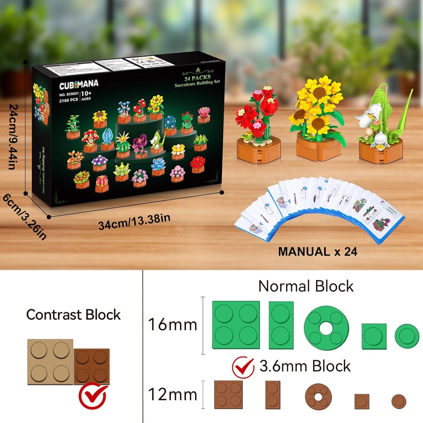 Juego de 24 flores y suculentas, 2160 piezas, colección botánica de 0.142 in, kit de mini flores para decoración del hogar, oficina, bloques de plantas, juguetes, regalos de fiesta de Pascua