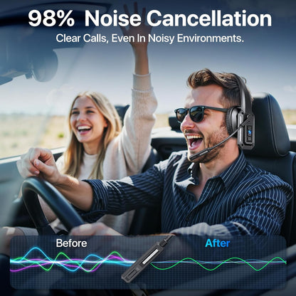 Trucker - Auriculares Bluetooth con micrófono, auriculares inalámbricos con micrófono de cancelación de ruido y botón de silencio, batería de 60 horas, auriculares Bluetooth sobre la cabeza para el trabajo, teléfono celular, laptop, oficina, negro