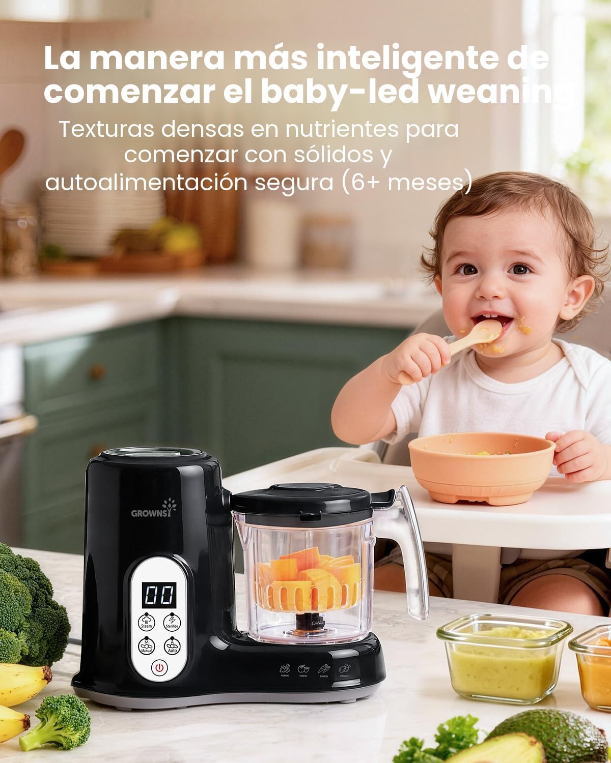 GROWNSY Fabricante de Alimentos para Bebés con Cesta de Vapor, Proc...