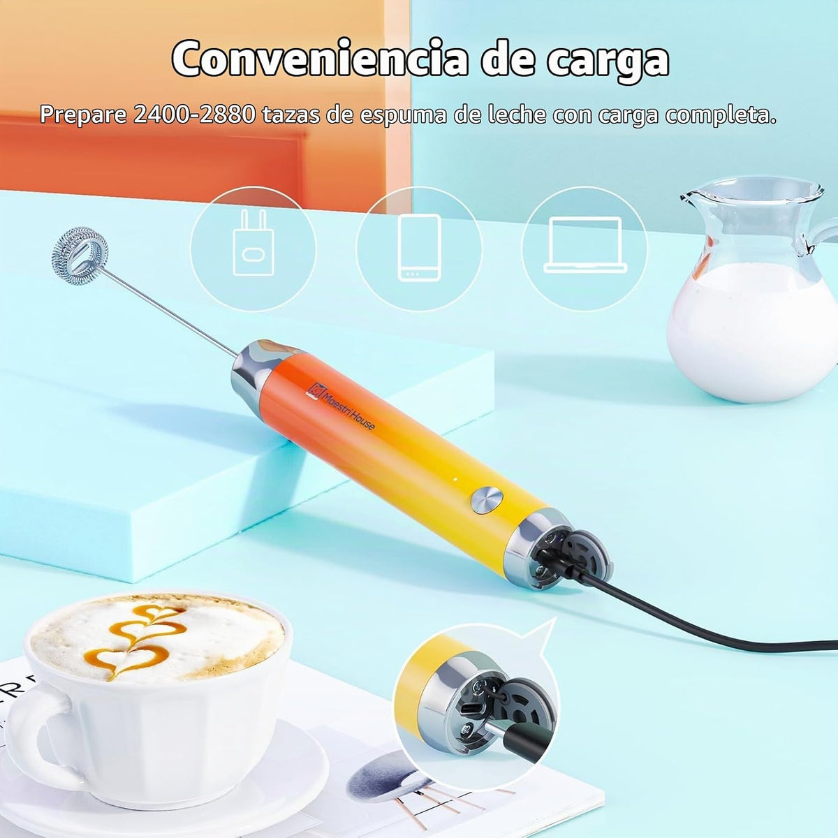 Maestri House LunaFro - Espumador de leche recargable con soporte,...