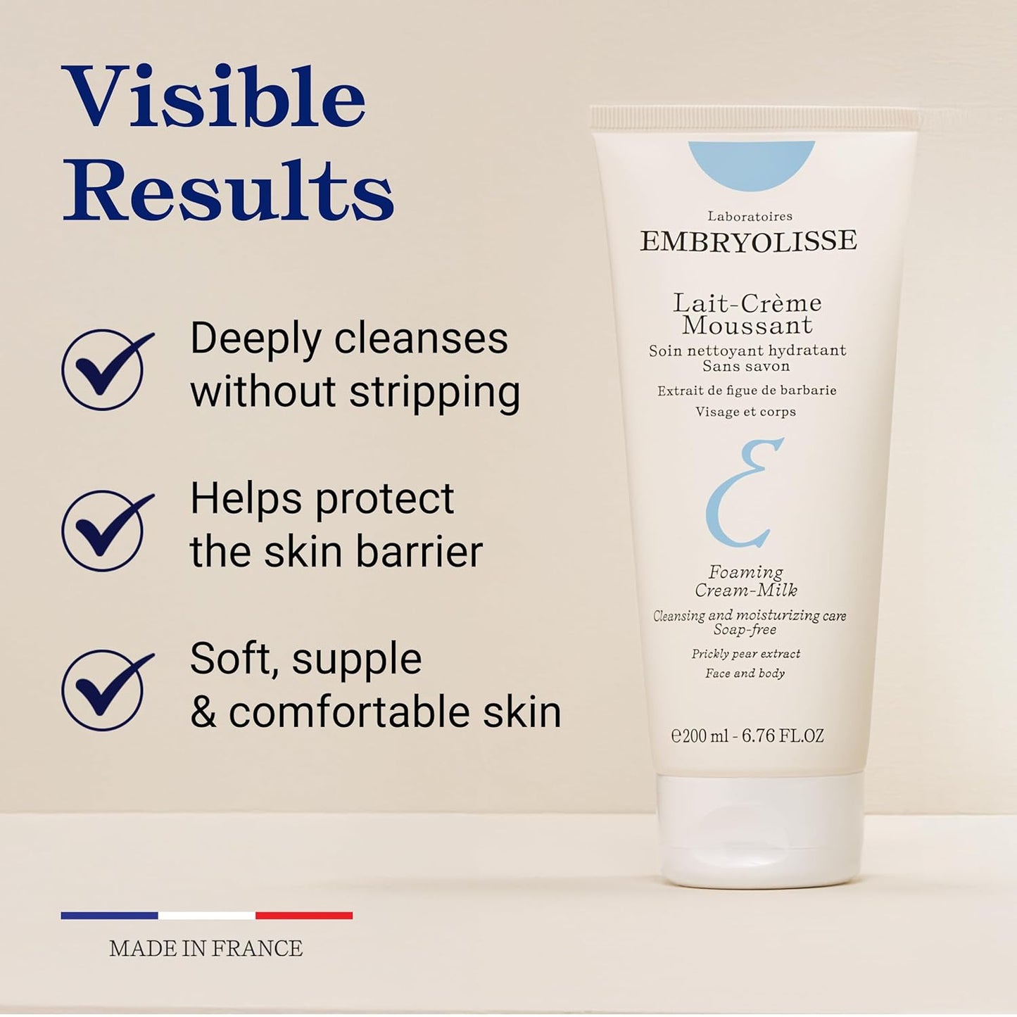 Embryolisse Leche en crema espumosa. Limpiador hidratante para rostro y cuerpo, sin jabón, fórmula vegana, 6.76 onzas líquidas