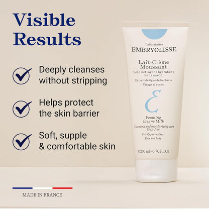 Embryolisse Leche en crema espumosa. Limpiador hidratante para rostro y cuerpo, sin jabón, fórmula vegana, 6.76 onzas líquidas