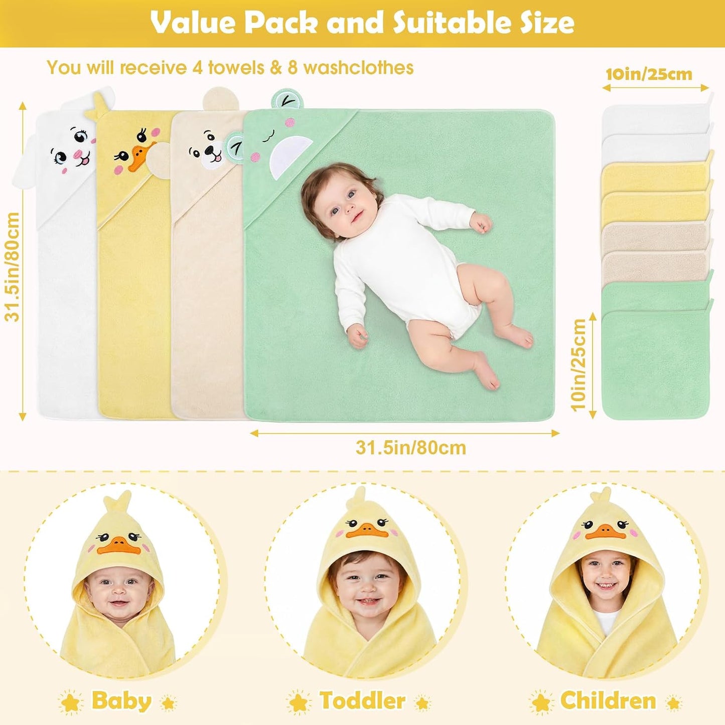 Juego de toallas para bebé de 12 piezas, toallas de baño para bebés...