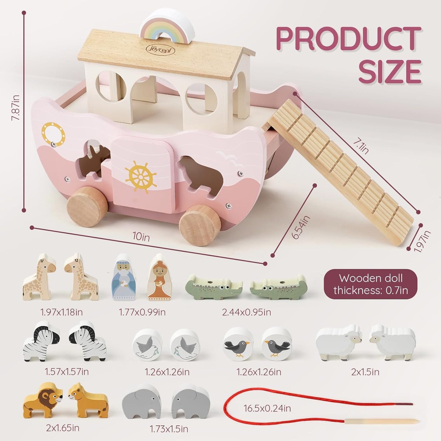 Joyreal Juguete de madera rosa del arca de Noé para regalo de bauti...