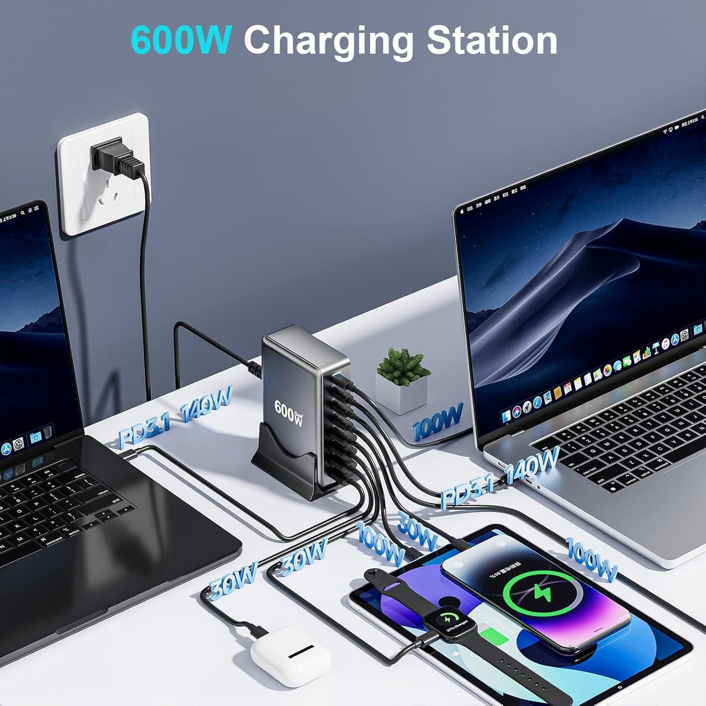 Bloque de carga rápida USB C de 600 W, estación de carga USB multip...