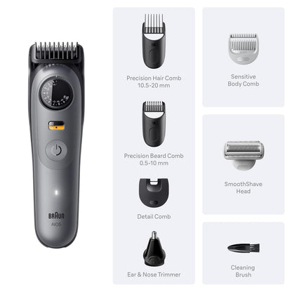 Braun Serie 5 todo en uno Kit de aseo para barba y cuerpo para hombres, recortadora inalámbrica, cortadora de pelo y afeitadora para cara, cabello y cuerpo con cabezal de afeitado suave, AIO 5510
