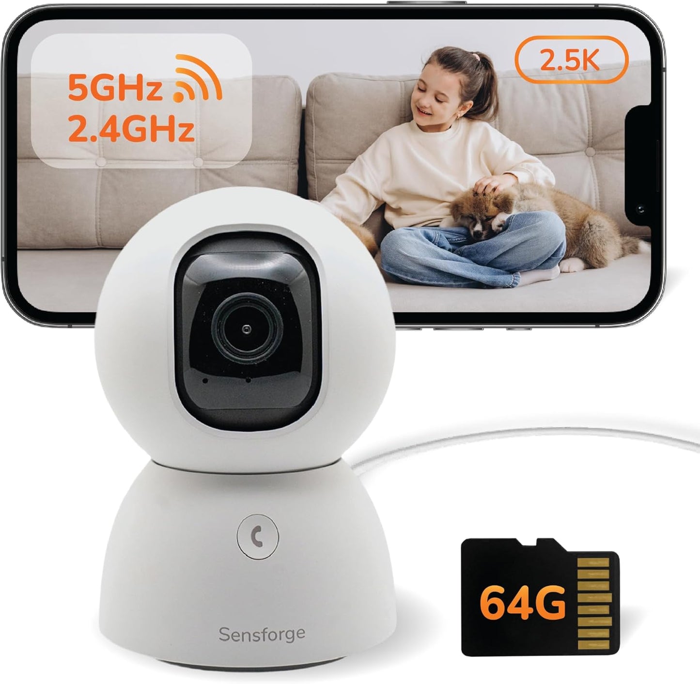 SensForge Cámara de seguridad Pan-Tilt de 2.5K, cámara WiFi de dobl...