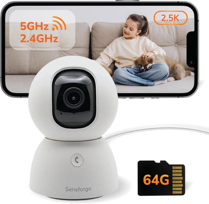 SensForge Cámara de seguridad Pan-Tilt de 2.5K, cámara WiFi de dobl...