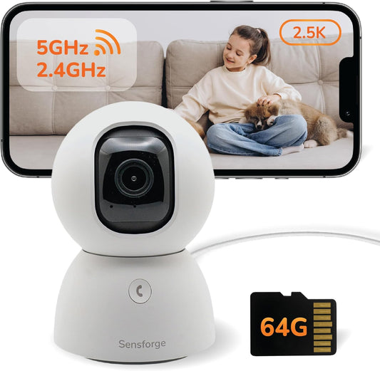 SensForge Cámara de seguridad Pan-Tilt de 2.5K, cámara WiFi de dobl...