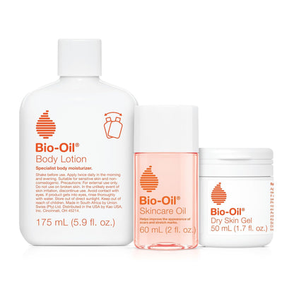 Bio-Oil Juego de cuidado de la piel para cicatrices, estrías y piel seca, kit de 3 piezas de tamaño de viaje que incluye aceite para el cuidado de la piel (2 onzas), gel para piel seca (1.7 onzas) y loción corporal (5.7 onzas), estrías de embarazo y mater