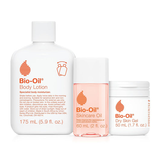 Bio-Oil Juego de cuidado de la piel para cicatrices, estrías y piel seca, kit de 3 piezas de tamaño de viaje que incluye aceite para el cuidado de la piel (2 onzas), gel para piel seca (1.7 onzas) y loción corporal (5.7 onzas), estrías de embarazo y mater