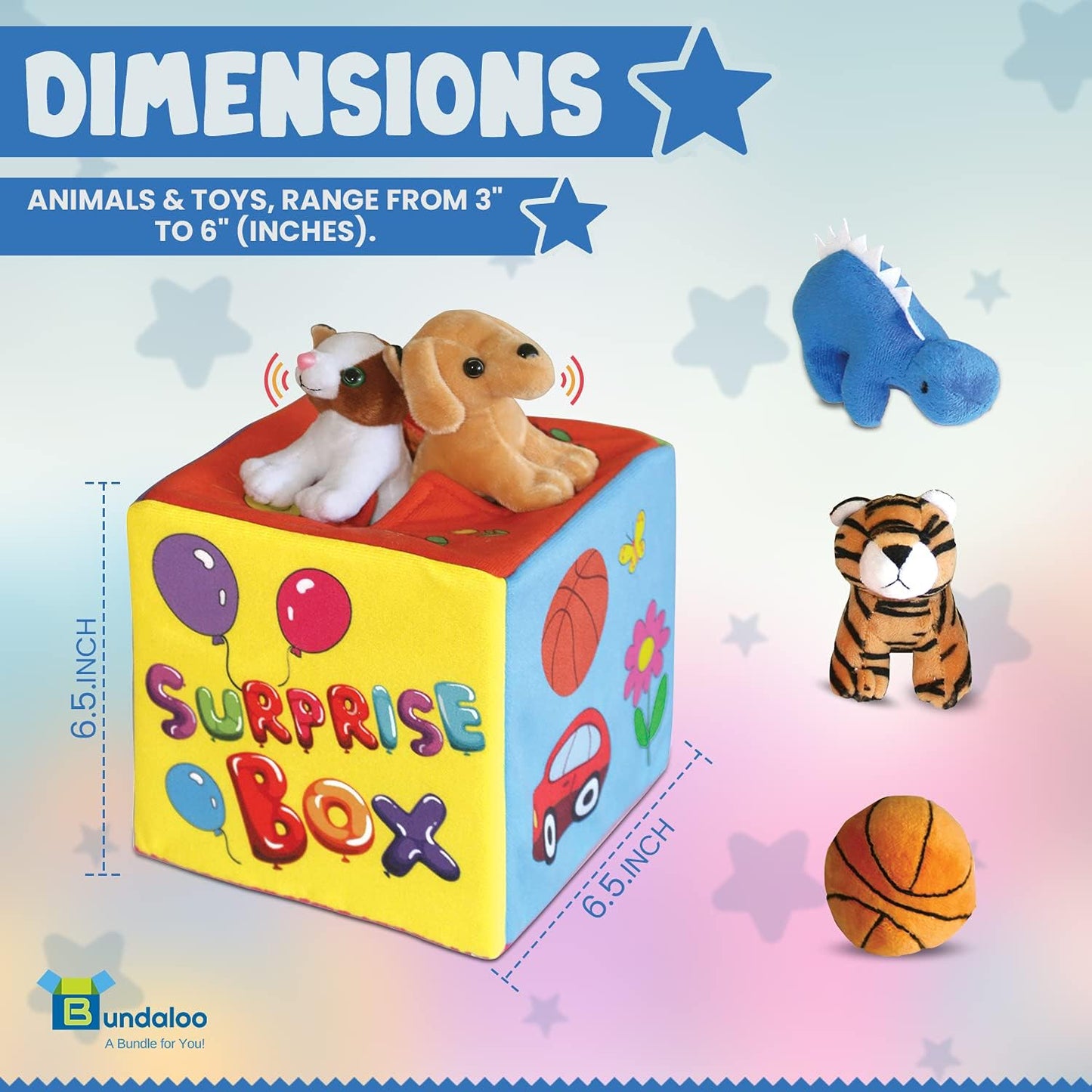 Bundaloo Caja misteriosa sorpresa con 8 juguetes de peluche de alta calidad, juego sensorial suave con sonidos de prensa para escuchar, varios peluches, animales de peluche, vehículos, pelotas para